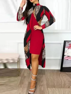Online Women's Dress Set Casual Dress Casual Leopard Color Block Print Midi Dress Long Sleeve Stand Collar Outdoor Daily Yellow Red Navy Blue Summer Spring Regular Fit Women Two Piece Sets