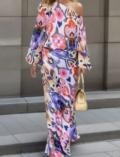 Women's Dress Set Casual Dress Sheath Dress Print Dress Fashion Streetwear Graphic Abstract Print Maxi Dress Long Sleeve One Shoulder Outdoor Vacation Red Royal Blue Sky Blue Summer Spring Loose Fit Women Two Piece Sets