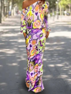Women's Dress Set Casual Dress Sheath Dress Print Dress Fashion Streetwear Graphic Abstract Print Maxi Dress Long Sleeve One Shoulder Outdoor Vacation Red Royal Blue Sky Blue Summer Spring Loose Fit Women Two Piece Sets