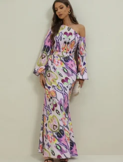 Women's Dress Set Casual Dress Sheath Dress Print Dress Fashion Streetwear Graphic Abstract Print Maxi Dress Long Sleeve One Shoulder Outdoor Vacation Red Royal Blue Sky Blue Summer Spring Loose Fit Women Two Piece Sets
