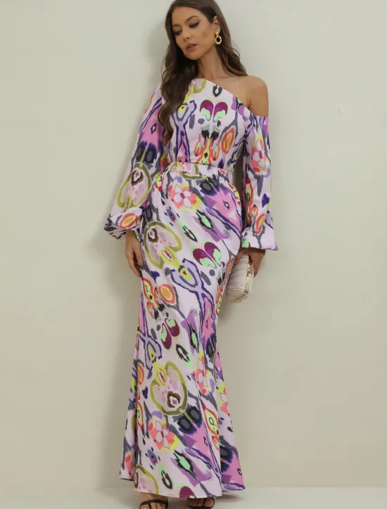 Women's Dress Set Casual Dress Sheath Dress Print Dress Fashion Streetwear Graphic Abstract Print Maxi Dress Long Sleeve One Shoulder Outdoor Vacation Red Royal Blue Sky Blue Summer Spring Loose Fit Women Two Piece Sets