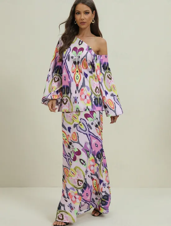 Women's Dress Set Casual Dress Sheath Dress Print Dress Fashion Streetwear Graphic Abstract Print Maxi Dress Long Sleeve One Shoulder Outdoor Vacation Red Royal Blue Sky Blue Summer Spring Loose Fit Women Two Piece Sets