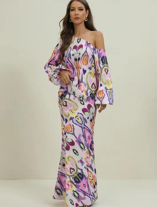 Women's Dress Set Casual Dress Sheath Dress Print Dress Fashion Streetwear Graphic Abstract Print Maxi Dress Long Sleeve One Shoulder Outdoor Vacation Red Royal Blue Sky Blue Summer Spring Loose Fit Women Two Piece Sets