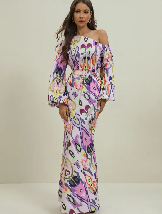 Women's Dress Set Casual Dress Sheath Dress Print Dress Fashion Streetwear Graphic Abstract Print Maxi Dress Long Sleeve One Shoulder Outdoor Vacation Red Royal Blue Sky Blue Summer Spring Loose Fit Women Two Piece Sets