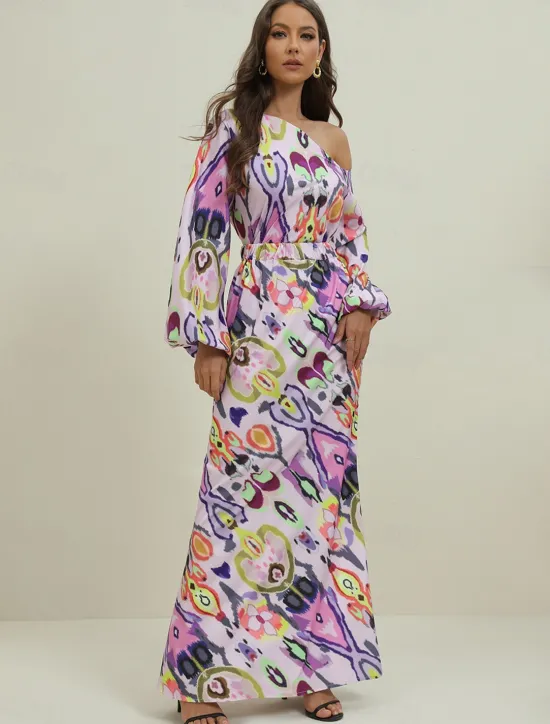 Women's Dress Set Casual Dress Sheath Dress Print Dress Fashion Streetwear Graphic Abstract Print Maxi Dress Long Sleeve One Shoulder Outdoor Vacation Red Royal Blue Sky Blue Summer Spring Loose Fit Women Two Piece Sets