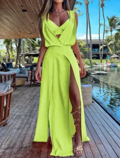Online Women's Dress Set Casual Dress Skirt Set Swing Dress Fashion Modern Floral Plain Backless Split Long Dress Maxi Dress Sleeveless V Neck Outdoor Vacation Yellow Red Orange Summer Loose Fit Women Two Piece Sets