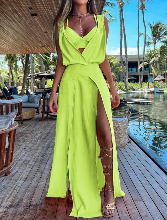 Online Women's Dress Set Casual Dress Skirt Set Swing Dress Fashion Modern Floral Plain Backless Split Long Dress Maxi Dress Sleeveless V Neck Outdoor Vacation Yellow Red Orange Summer Loose Fit Women Two Piece Sets
