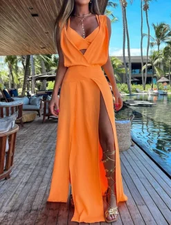 Online Women's Dress Set Casual Dress Skirt Set Swing Dress Fashion Modern Floral Plain Backless Split Long Dress Maxi Dress Sleeveless V Neck Outdoor Vacation Yellow Red Orange Summer Loose Fit Women Two Piece Sets
