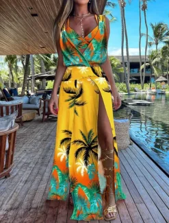 Online Women's Dress Set Casual Dress Skirt Set Swing Dress Fashion Modern Floral Plain Backless Split Long Dress Maxi Dress Sleeveless V Neck Outdoor Vacation Yellow Red Orange Summer Loose Fit Women Two Piece Sets