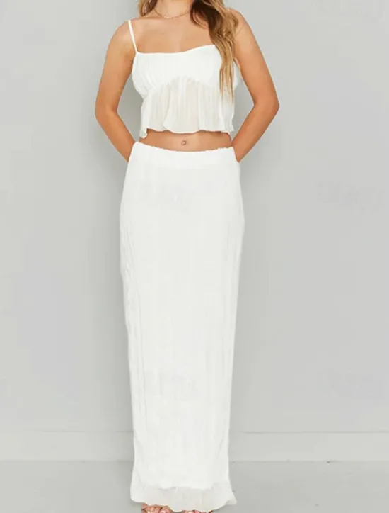 Outlet Women's Dress Set Casual Dress Skirt Set Slip Dress Elegant Fashion Plain Backless Maxi Dress Sleeveless Square Neck Outdoor Date Black White Yellow Summer Regular Fit Women White Dresses