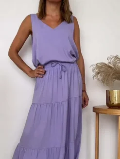 Best Women's Dress Set Casual Dress Skirt Set Casual Plain Ruffle Maxi Dress Long Sleeve V Neck Outdoor Daily Yellow Light Green Pink Summer Spring Regular Fit Women Two Piece Sets