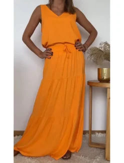 Best Women's Dress Set Casual Dress Skirt Set Casual Plain Ruffle Maxi Dress Long Sleeve V Neck Outdoor Daily Yellow Light Green Pink Summer Spring Regular Fit Women Two Piece Sets