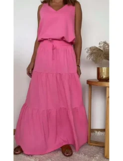 Best Women's Dress Set Casual Dress Skirt Set Casual Plain Ruffle Maxi Dress Long Sleeve V Neck Outdoor Daily Yellow Light Green Pink Summer Spring Regular Fit Women Two Piece Sets
