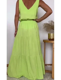 Best Women's Dress Set Casual Dress Skirt Set Casual Plain Ruffle Maxi Dress Long Sleeve V Neck Outdoor Daily Yellow Light Green Pink Summer Spring Regular Fit Women Two Piece Sets