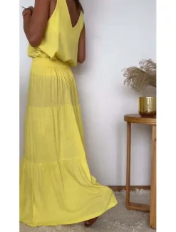 Best Women's Dress Set Casual Dress Skirt Set Casual Plain Ruffle Maxi Dress Long Sleeve V Neck Outdoor Daily Yellow Light Green Pink Summer Spring Regular Fit Women Two Piece Sets