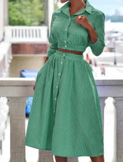 Women's Dress Set Shirt Dress Classic Modern Stripe Buttons Long Dress Maxi Dress 3/4 Length Sleeve Shirt Collar Office Daily Black Blue Green Summer Regular Fit Women Work Dresses