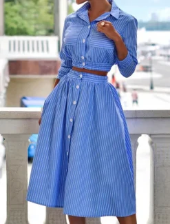 Women's Dress Set Shirt Dress Classic Modern Stripe Buttons Long Dress Maxi Dress 3/4 Length Sleeve Shirt Collar Office Daily Black Blue Green Summer Regular Fit Women Work Dresses