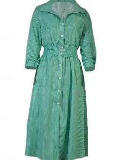 Women's Dress Set Shirt Dress Classic Modern Stripe Buttons Long Dress Maxi Dress 3/4 Length Sleeve Shirt Collar Office Daily Black Blue Green Summer Regular Fit Women Work Dresses