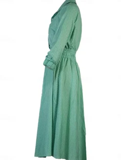 Women's Dress Set Shirt Dress Classic Modern Stripe Buttons Long Dress Maxi Dress 3/4 Length Sleeve Shirt Collar Office Daily Black Blue Green Summer Regular Fit Women Work Dresses