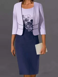 Women's Dress Set Two Piece Dress Floral Dress Midi Dress 3/4 Length Sleeve Print Print Winter Fall Autumn Crew Neck Fashion Party Daily Wedding Guest 2023 S M L XL XXL 3XL Women Work Dresses