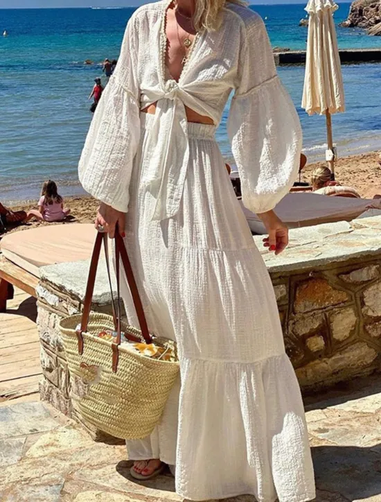 Women's Dress Set Dress Swing Dress Boho Plain Lace up Ruffle Long Dress Maxi Dress Long Sleeve V Neck Vacation Beach Summer Spring Regular Fit Women Vacation Dresses