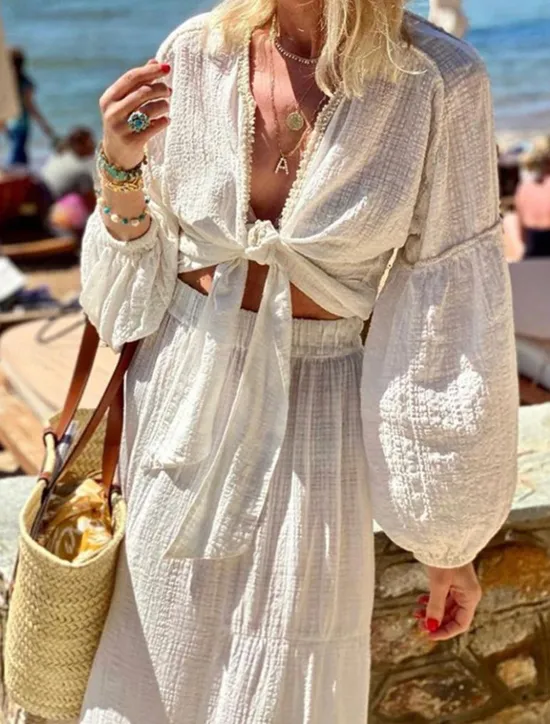 Women's Dress Set Dress Swing Dress Boho Plain Lace up Ruffle Long Dress Maxi Dress Long Sleeve V Neck Vacation Beach Summer Spring Regular Fit Women Vacation Dresses