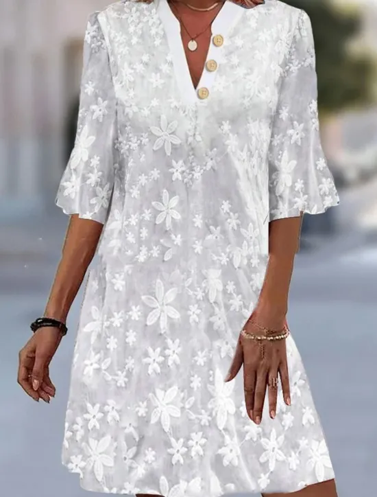 Best Women's Dress V-Neck Floral Lace Overlay Flared Half Sleeve Elegant Summer Spring Casual Party Lightweight Breathable Tailored Fit Feminine Clothing Apparel Women White Dresses