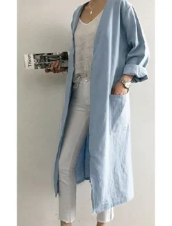 Women's Dressy Dusters Dressy Jackets Trench Coat Office Work Spring Fall Long Coat Loose Fit Modern Style Jacket Long Sleeve Solid Color Plain Pocket Oversized Light Blue khaki Grey Women Coats & Trench Coats