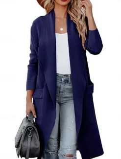 Best Women's Dressy Dusters Dressy Jackets Casual Jacket Outdoor Dailywear Fall Winter Regular Coat Regular Fit Windproof Warm Comfortable Breathable Fashion Jacket Long Sleeve Solid Color Pocket Blue Women Coats & Trench Coats