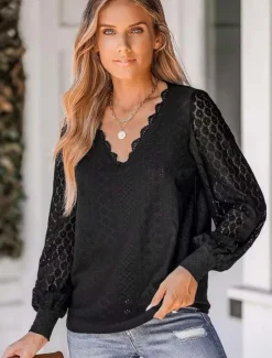 Best Women's Dressy Tops Elegant Long Sleeve V Neck Regular Tops Black White Summer Spring Women Lace Tops