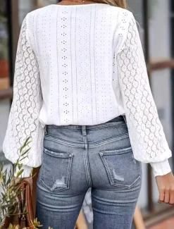 Best Women's Dressy Tops Elegant Long Sleeve V Neck Regular Tops Black White Summer Spring Women Lace Tops