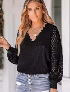 Best Women's Dressy Tops Elegant Long Sleeve V Neck Regular Tops Black White Summer Spring Women Lace Tops