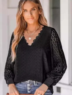 Best Women's Dressy Tops Elegant Long Sleeve V Neck Regular Tops Black White Summer Spring Women Lace Tops