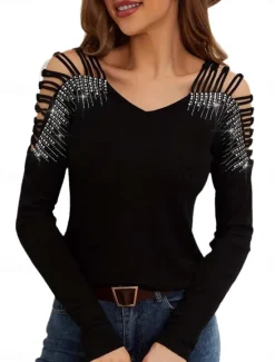 Sale Women's Dressy Tops Elegant Long Sleeve V Neck Regular Tops Black White Summer Spring Women Shirts