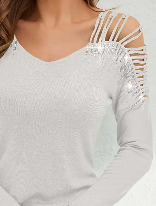 Sale Women's Dressy Tops Elegant Long Sleeve V Neck Regular Tops Black White Summer Spring Women Shirts