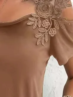 Best Women's Dressy Tops Ladies Short Sleeve Asymmetrical Regular Tops White Camel Summer Spring Women Lace Tops