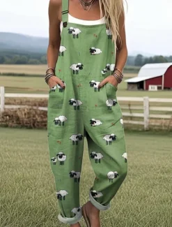 New Women's Dungarees Active Animal Sleeveless Sleeveless Wide Leg Pocket Buttons Vacation Street Loose Fit Light Green Green Gray Summer Women Jumpsuits|Graphic Jumpsuit