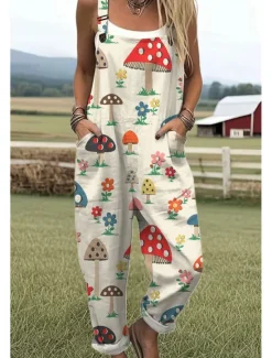 Online Women's Dungarees Active Animal Sleeveless Sleeveless Wide Leg Square Neck Pocket with Pocket Vacation Daily Loose Fit White Yellow Purple Summer Women Graphic Jumpsuit