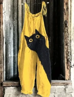 Online Women's Dungarees Active Animal Sleeveless Sleeveless Cargo Pants Halter Neck Pocket Vacation Party Loose Fit Black Yellow Blue All Seasons Women Graphic Jumpsuit