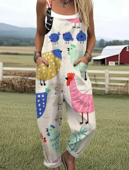 Clearance Women's Dungarees Active Animal Sleeveless Sleeveless Wide Leg Pocket Buttons Vacation Street Loose Fit White Blue Green Summer Women Jumpsuits|Graphic Jumpsuit