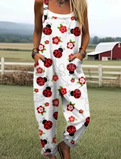 Outlet Women's Dungarees Active Animal Sleeveless Sleeveless Wide Leg Pocket Buttons Vacation Street Loose Fit White Red Green Summer Women Jumpsuits|Graphic Jumpsuit