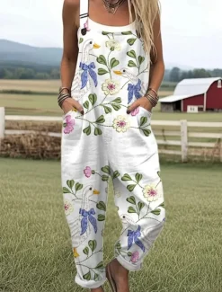 Outlet Women's Dungarees Active Floral Sleeveless Sleeveless Harem Pocket Buttons Vacation Street Loose Fit White Yellow Light Green Summer Women Jumpsuits|Graphic Jumpsuit