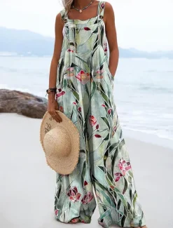 Women's Dungarees Active Floral Sleeveless Wide Leg Vacation Street Loose Fit Yellow Pink Red Summer Women Jumpsuits|Graphic Jumpsuit
