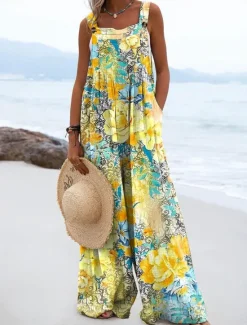 Women's Dungarees Active Floral Sleeveless Wide Leg Vacation Street Loose Fit Yellow Pink Red Summer Women Jumpsuits|Graphic Jumpsuit