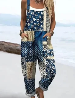 Online Women's Dungarees Active Floral Sleeveless Sleeveless Straight Square Neck Patchwork Pocket Vacation Daily Loose Fit Pink Blue Purple Summer Women Graphic Jumpsuit