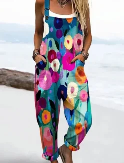 Online Women's Dungarees Active Floral Sleeveless Sleeveless Straight Square Neck Patchwork Pocket Vacation Daily Loose Fit Pink Blue Purple Summer Women Graphic Jumpsuit