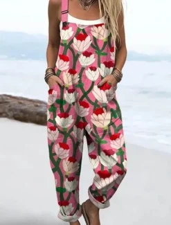 Discount Women's Dungarees Active Floral Sleeveless Sleeveless Straight Square Neck Pocket with Pocket Vacation Daily Loose Fit Pink Red Beige Summer Women Graphic Jumpsuit
