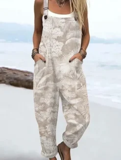 Discount Women's Dungarees Active Floral Sleeveless Sleeveless Straight Square Neck Pocket with Pocket Vacation Daily Loose Fit Pink Red Beige Summer Women Graphic Jumpsuit
