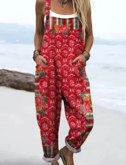 Discount Women's Dungarees Active Floral Sleeveless Sleeveless Straight Square Neck Pocket with Pocket Vacation Daily Loose Fit Pink Red Beige Summer Women Graphic Jumpsuit