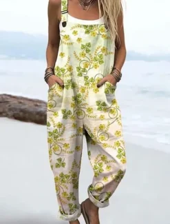 New Women's Dungarees Active Floral Sleeveless Sleeveless Straight Square Neck Pocket with Pocket Vacation Daily Loose Fit Yellow Pink Blue Summer Women Graphic Jumpsuit